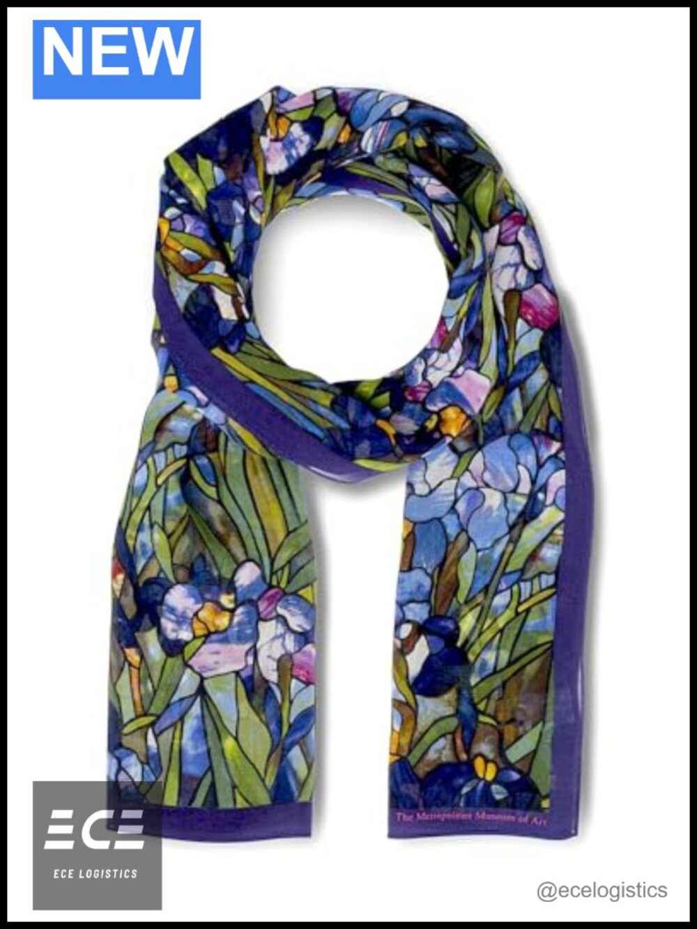 100% Silk Crêpe de Chine Scarf 65" x 18" Tiffany Iris Design Lightweight